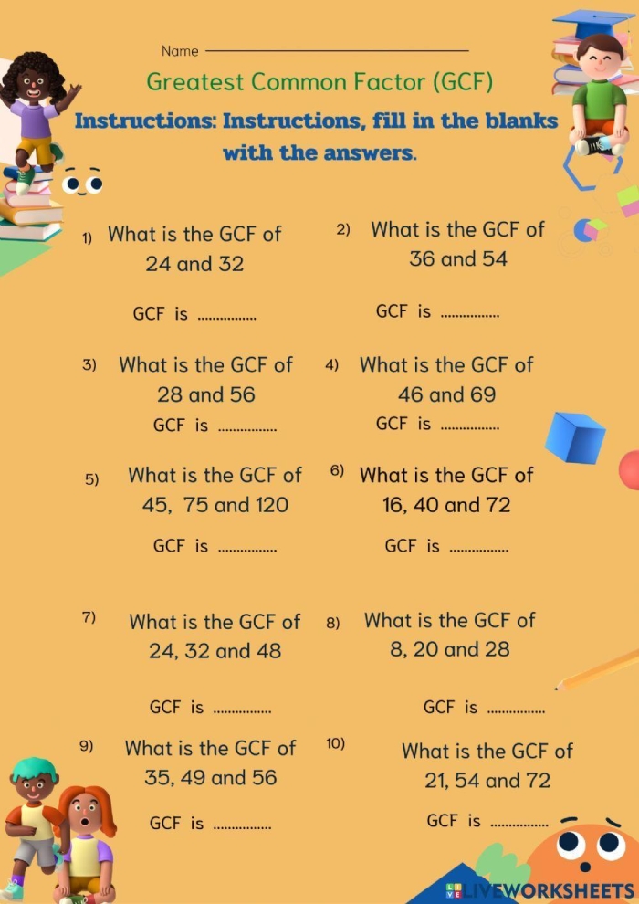Practice Finding the Greatest Common Factor Worksheet 17 Sixth grade math worksheet showing problems for calculating the greatest common factor of numbers up to one hundred