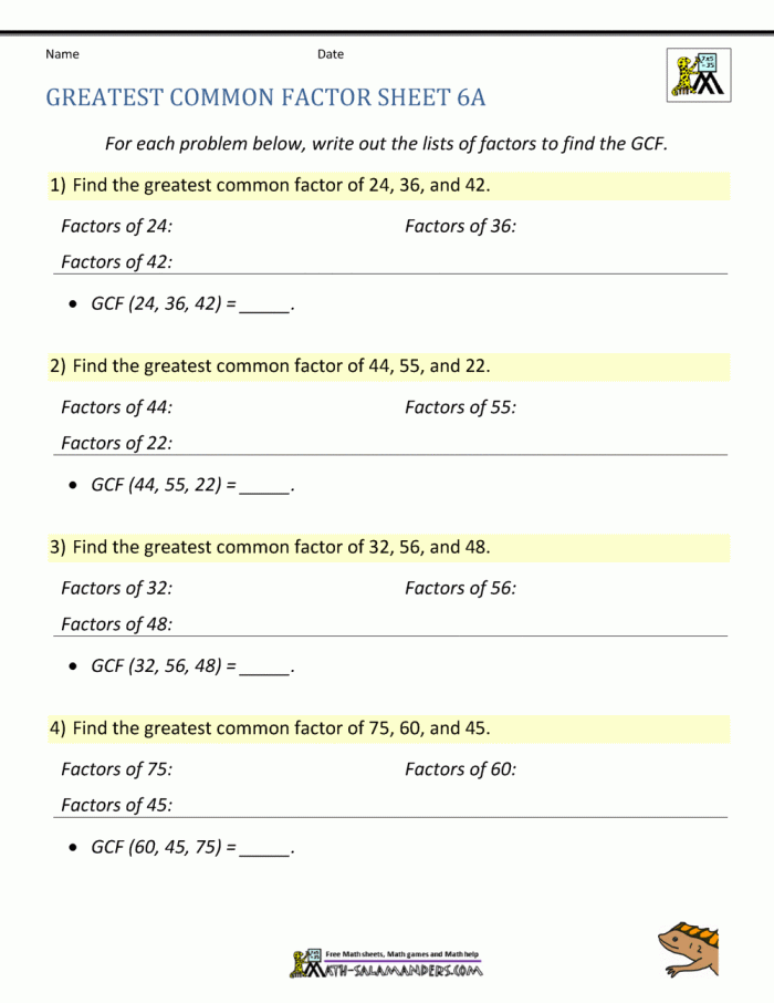 Greatest Common Factor Practice Worksheet for Sixth Grade Students Worksheet for practicing the greatest common factor with numbers up to 100