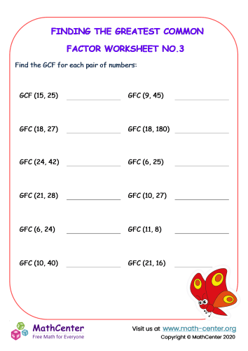 Practice Finding the Greatest Common Factor worksheet for mastering GCF concepts Worksheet featuring exercises on finding the greatest common factor for sixth graders