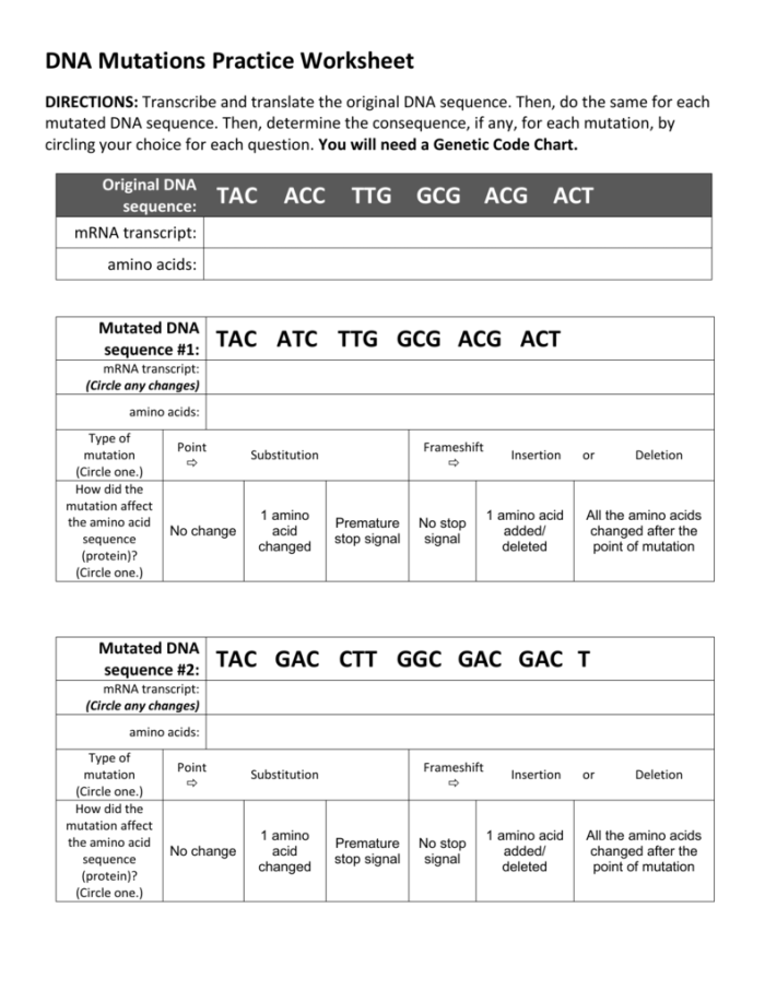 Sixth grade life science worksheet about how genetic mutations impact various organisms
