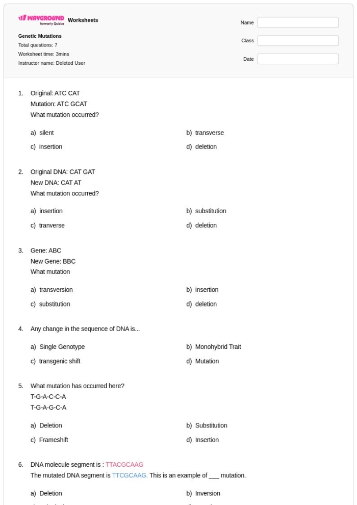 Illustration of a sixth-grade worksheet focused on genetic mutations and their impact on organisms