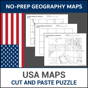 Children exploring the United States map on a geography worksheet for third graders
