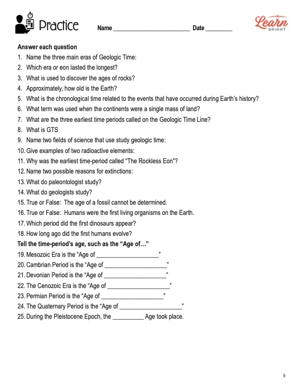 Geologic Time Scale Educational Worksheet 13 Sixth grade student completing a geologic time scale worksheet about Earth history