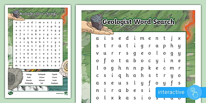 Geology Word Search Activity 16 for Elementary Earth Science Learning Fourth grade geology word search puzzle featuring earth science vocabulary terms hidden in a grid of letters