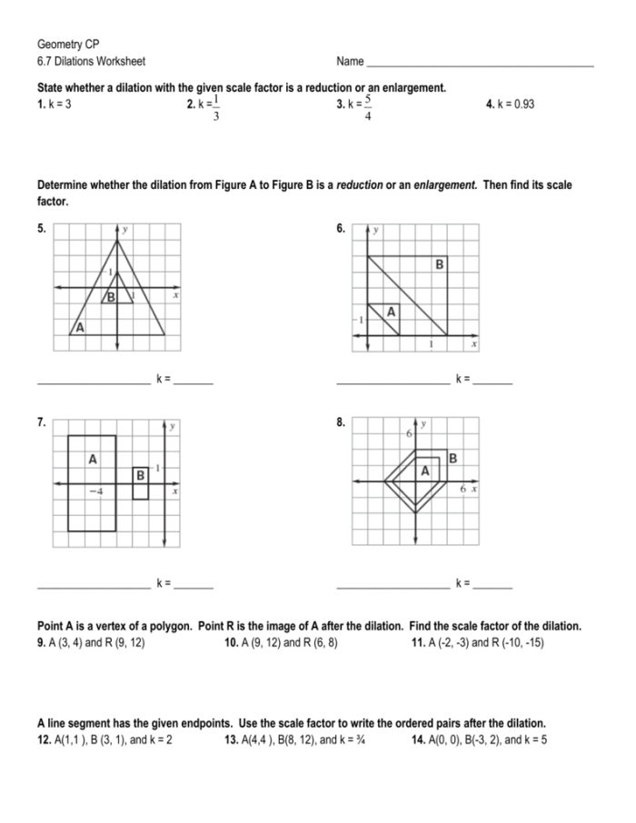 Describing Dilations Worksheet Five Geometry Practice Eighth grade worksheet for practicing geometric dilations on a coordinate plane