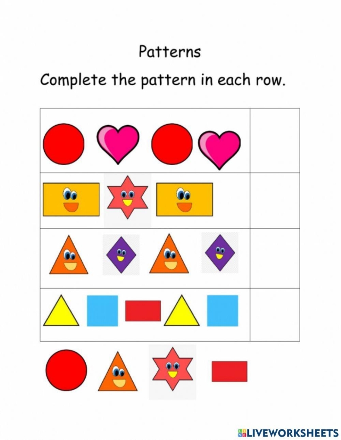 Kindergarten student completing a geometric shape pattern by drawing missing shapes in sequence