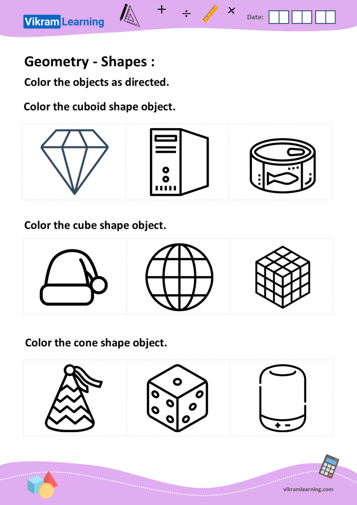 Geometric Shapes worksheet for second graders focusing on 3D shape attributes