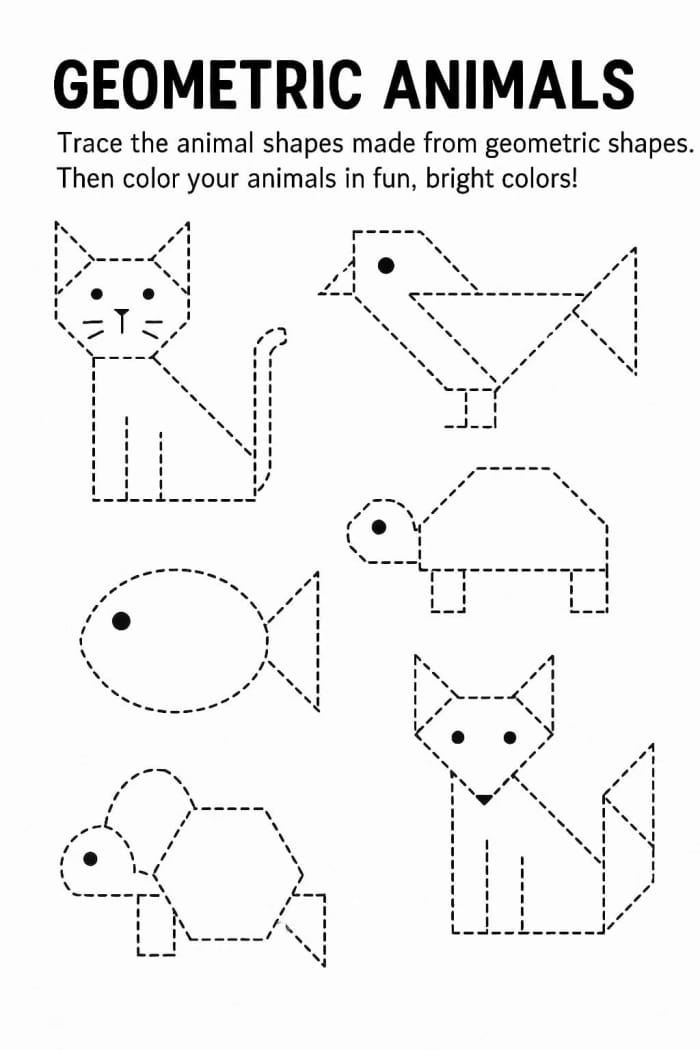 Pre-K student tracing various geometric shapes and coloring them in on a worksheet