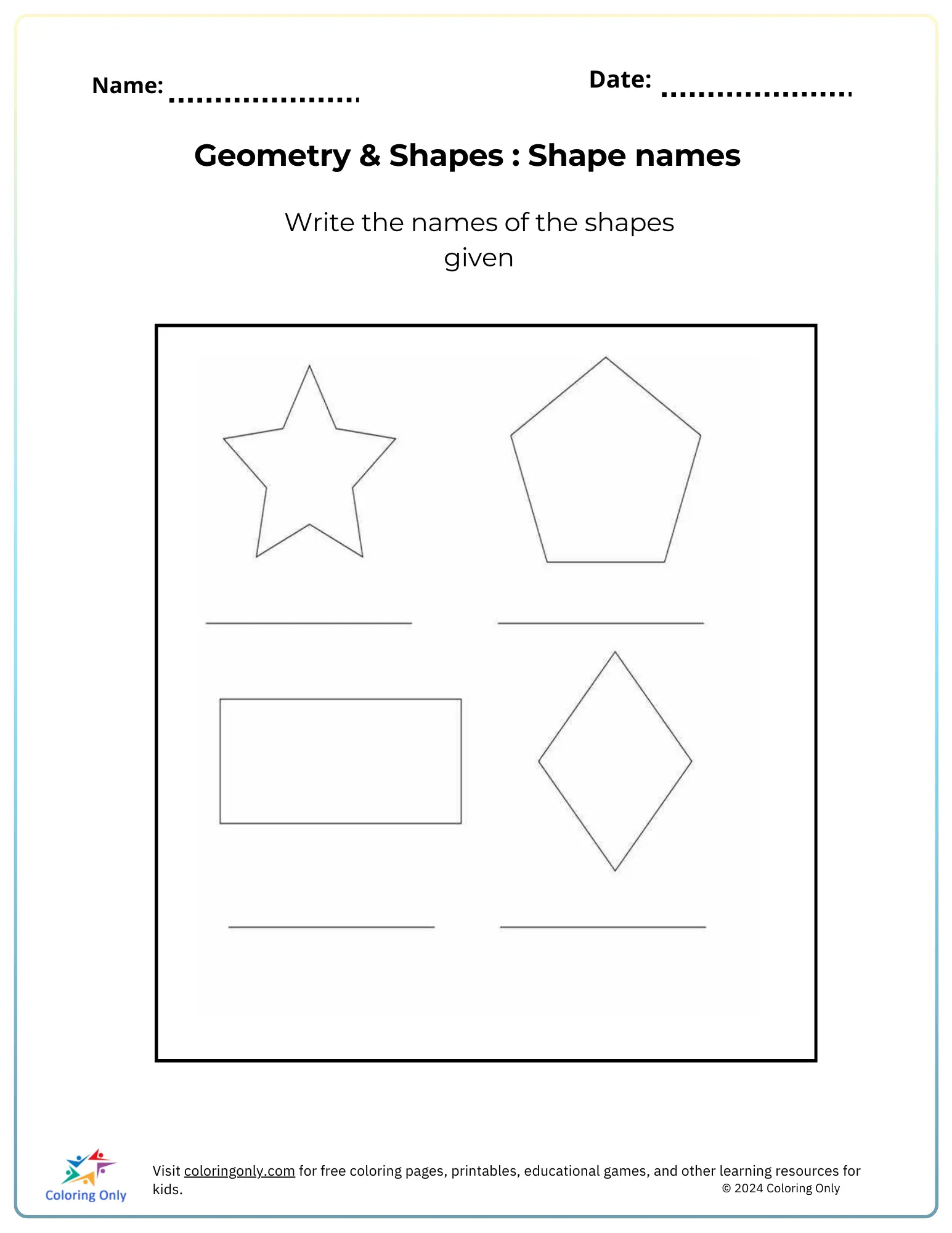 Geometric Shapes worksheet for second graders focusing on 3D shapes' faces, vertices, and edges
