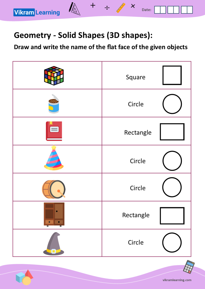 Geometric Shapes worksheet for second graders focusing on 3D shapes and their attributes