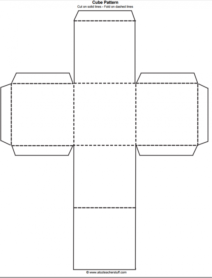 A printable cube cut-out template for second graders to fold and assemble a 3-D paper cube for geometry learning