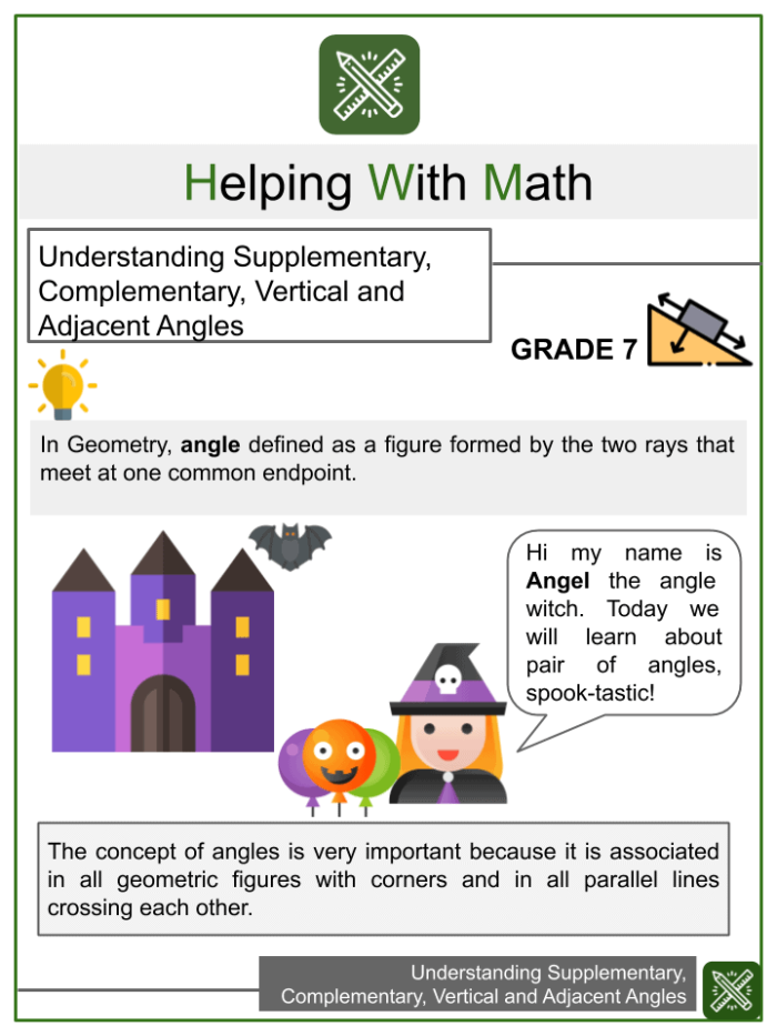 Worksheet for identifying complementary, supplementary, vertical, and adjacent angles for seventh graders