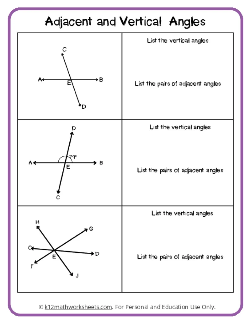 Worksheet for identifying complementary, supplementary, vertical, and adjacent angles in geometry. Seventh-grade geometry worksheet focused on angles concepts.