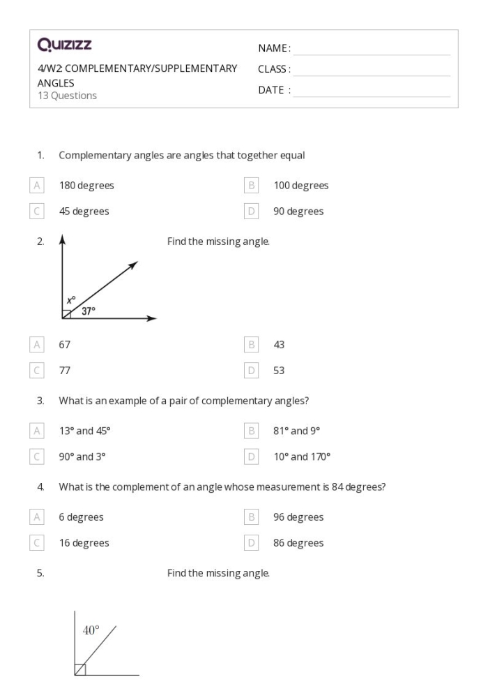 Seventh grade geometry worksheet featuring practice problems on complementary supplementary vertical and adjacent angles