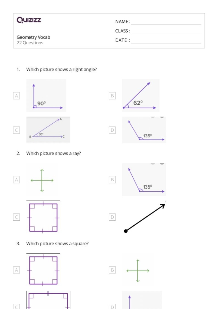 Fourth grade geometry vocabulary cards worksheet focusing on types of lines