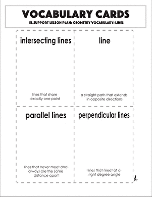 Fourth grade geometry worksheet featuring printable vocabulary cards for identifying different types of lines