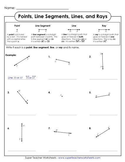 Third grade geometry worksheet featuring practice problems on identifying lines, line segments, and rays