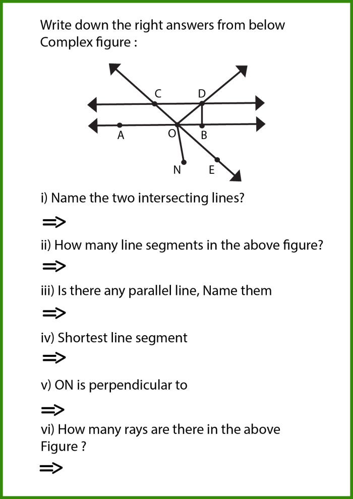 Third grade geometry worksheet featuring exercises to identify and distinguish between lines, line segments, and rays