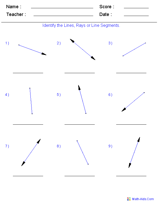 Worksheet focusing on lines, line segments, and rays for third graders