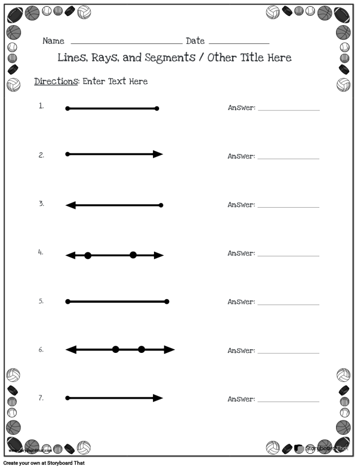 Worksheet featuring lines, line segments, and rays for third graders to practice geometry concepts