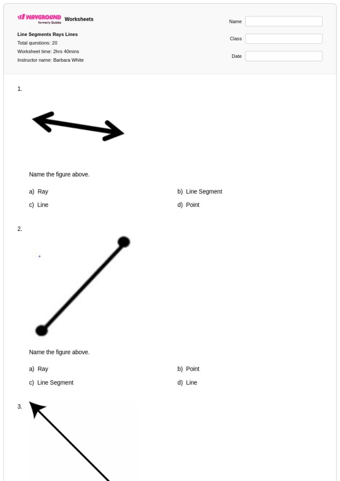 Third grade geometry worksheet focused on identifying lines line segments and rays