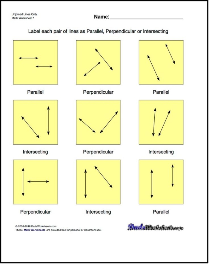 Educational Geometry Lines worksheet for mixed operations in third grade Worksheet featuring geometry lines, including parallel and perpendicular lines for third graders