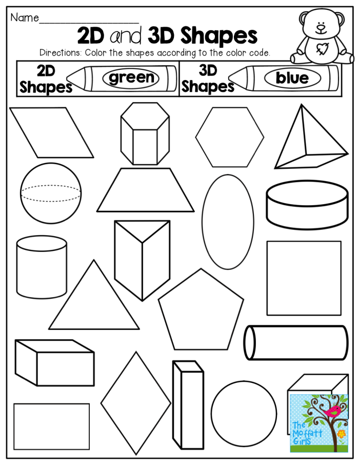 First grade student worksheet for matching 2D and 3D geometric shapes