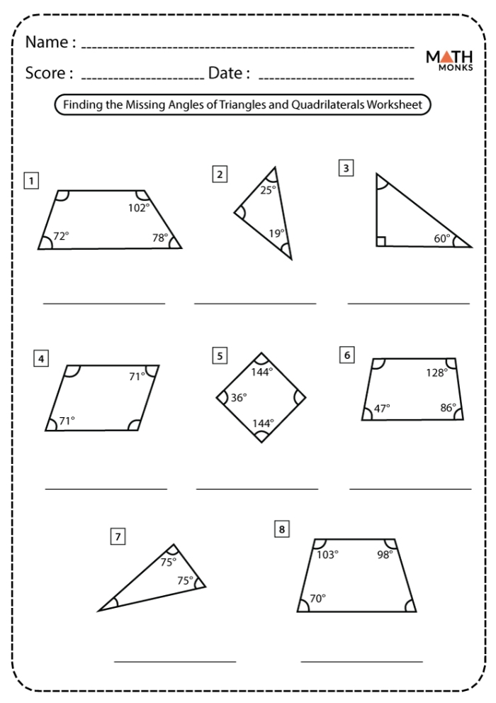 Worksheet image displaying quadrilaterals with missing angles for geometry practice