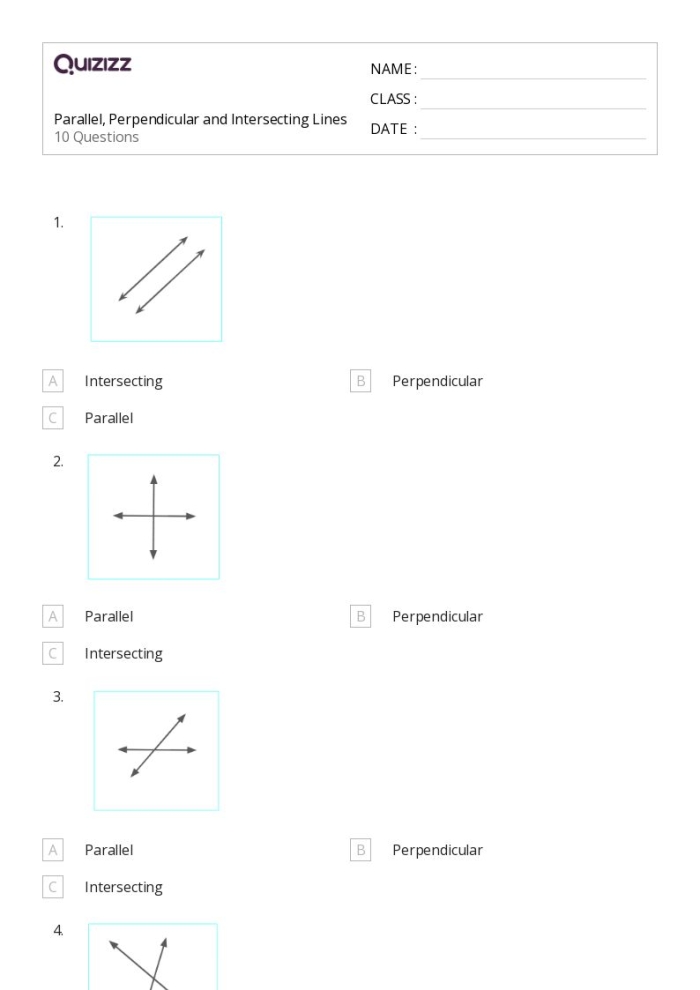 Parallel and Perpendicular Lines Worksheet 22 for Grade 4 Geometry Fourth grade math worksheet featuring geometry practice with parallel and perpendicular lines