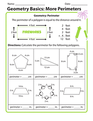 Third grade student worksheet featuring geometry problems about calculating the perimeter of polygons