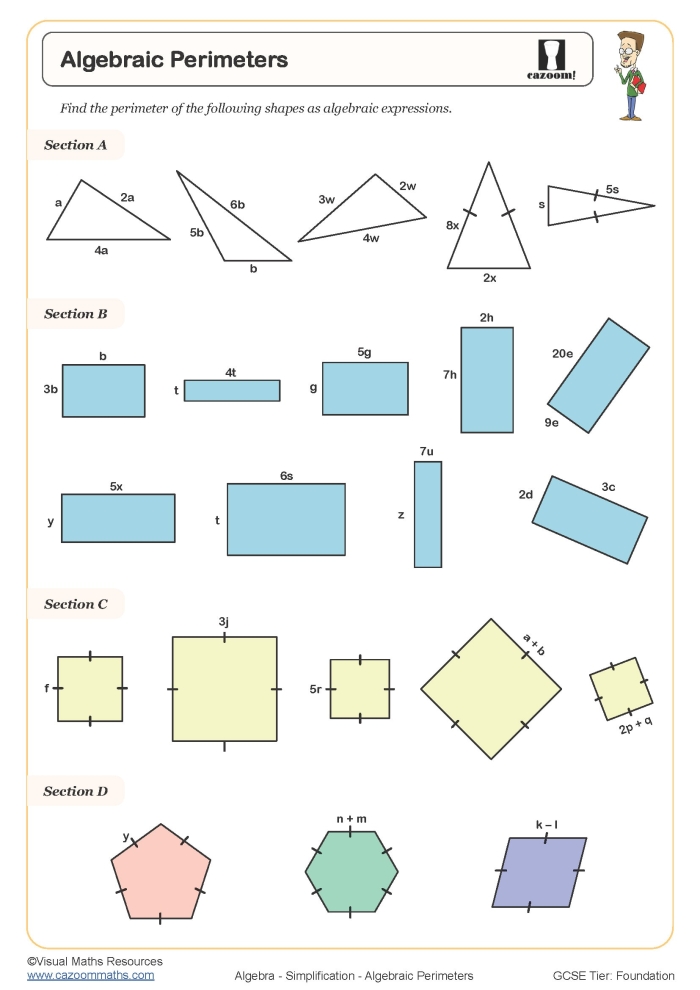 Worksheet featuring third graders calculating perimeters of various polygons in geometry basics