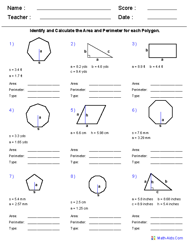 Third grade math worksheet for calculating the perimeter of various polygons