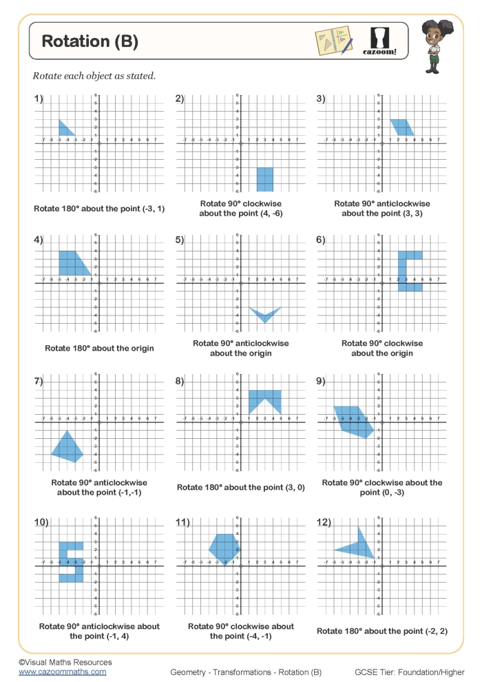 Describing Rotations worksheet for eighth-grade students Eighth-grade geometry worksheet focused on understanding rotations on the coordinate plane