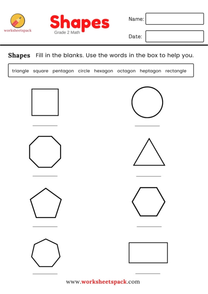 2-D Shapes Fill in the Table Learning Activity for Grade 2 Second grade geometry worksheet showing a table to fill in with 2-D shapes including circles, triangles, pentagons, and hexagons