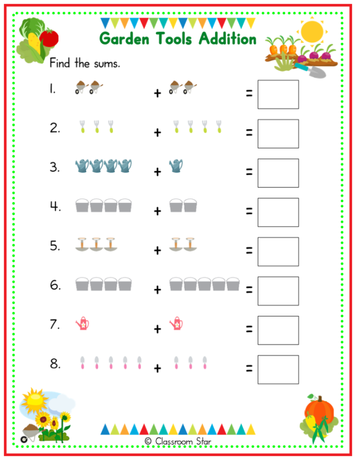 Pre-K geometry worksheet featuring cut and paste fruit shapes for a garden planting activity