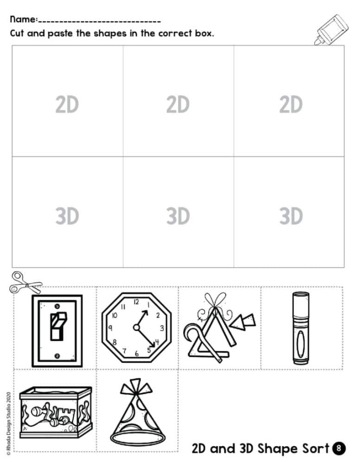 Kindergarten worksheet featuring a variety of 2D and 3D shapes for students to sort and identify