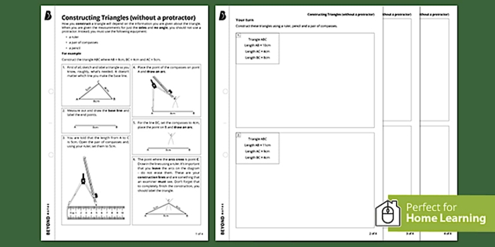 Creating Triangles From Specific Conditions Practice Problem 8 Seventh grade student drawing a triangle with given side lengths and angle measurements on a geometry worksheet