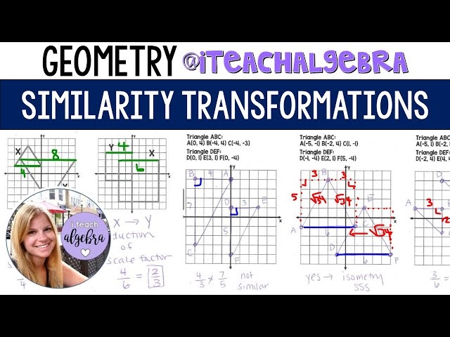 Eighth grade geometry worksheet featuring two triangles on a coordinate plane for practicing figure transformations