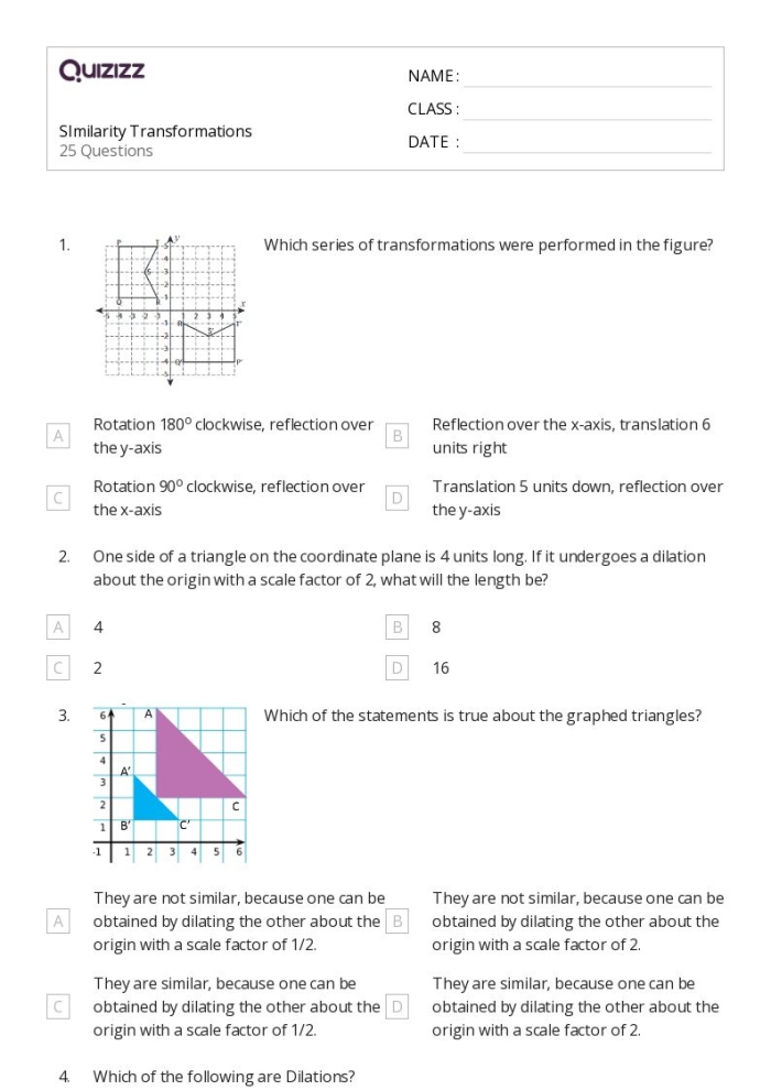Eighth grade geometry worksheet featuring practice problems on identifying transformations between similar figures