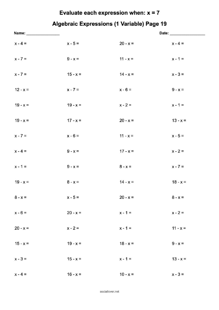 Sixth grade math worksheet showing algebraic expressions with variables in a geometry context