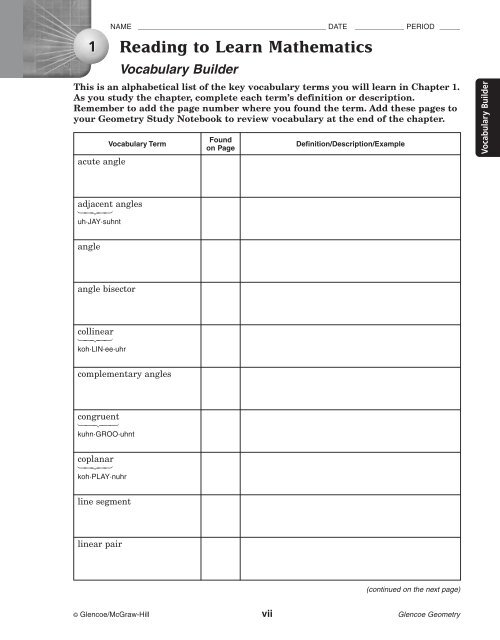 Worksheet for enhancing understanding of lines in geometry concepts Glossary of geometry terms related to lines for fourth-grade students