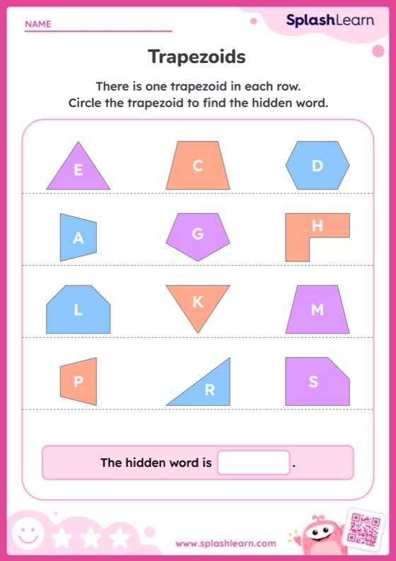 Second grade geometry worksheet featuring various quadrilaterals and trapezoids to color and count 21