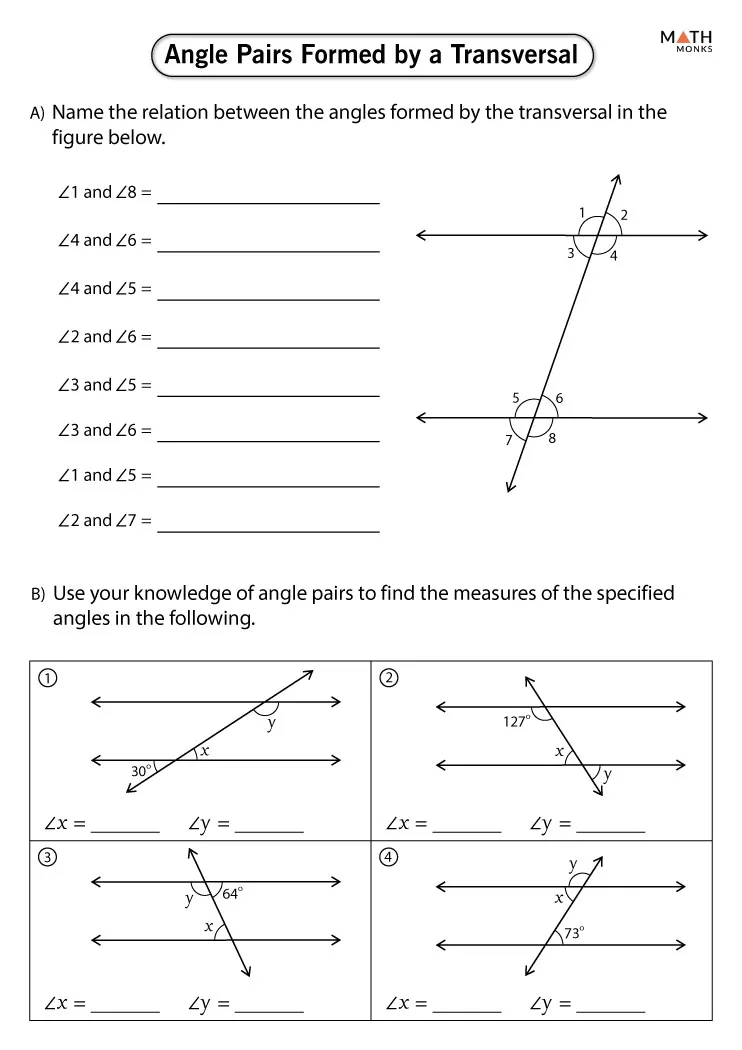 Transversals of Parallel Lines Angle Relationships Practice Problems Eighth grade student solving transversal and parallel lines angle relationship problems on a geometry worksheet