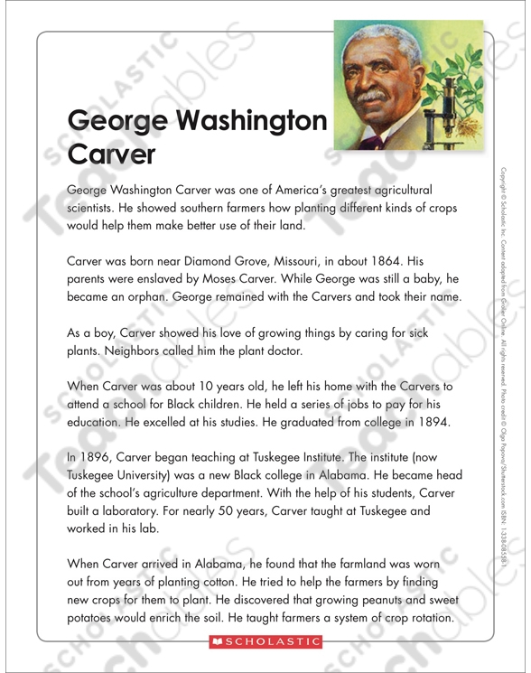 George Washington Carver worksheet for third grade students learning about historical heroes and agricultural innovation