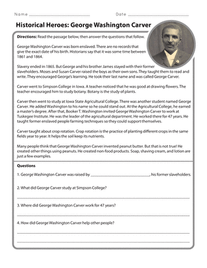 Third grade historical heroes worksheet featuring a biography and activities about George Washington Carver