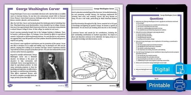 Biography of George Washington Carver reading comprehension activity for students Informational worksheet featuring George Washington Carver's biography for sixth graders