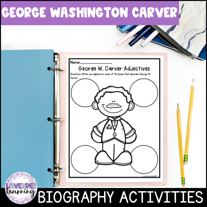 George Washington Carver worksheet for third grade students learning about the agricultural pioneer and inventor who overcame slavery to become an educator