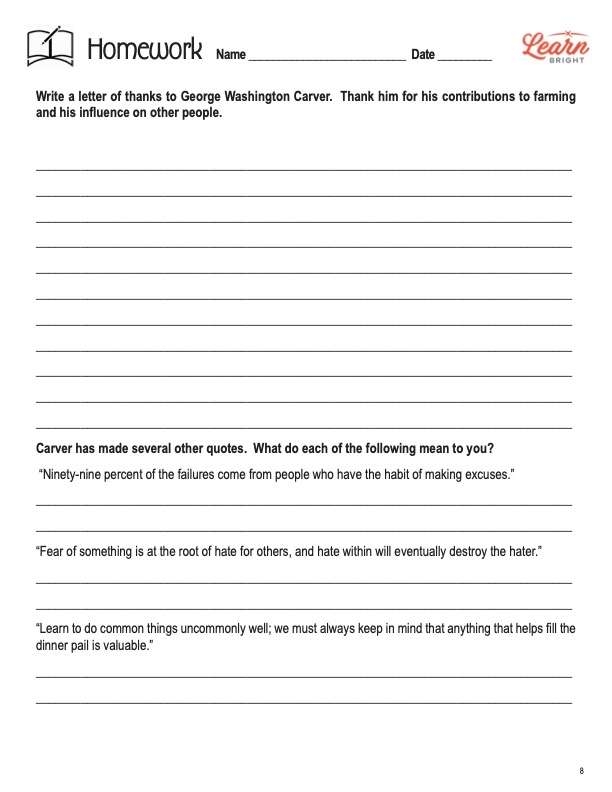 Third grade worksheet featuring a historical profile and money math problems about George Washington Carver