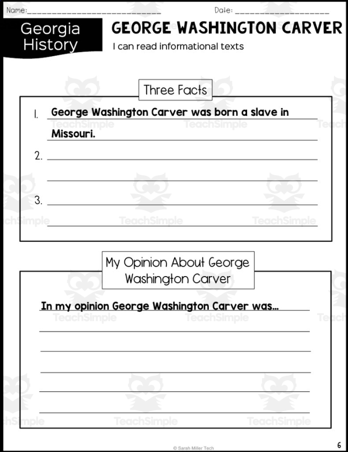 Third grade worksheet featuring a biography and educational activities about agricultural pioneer George Washington Carver