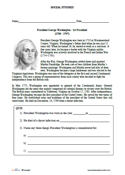 George Washington Facts worksheet for second graders to enhance reading comprehension